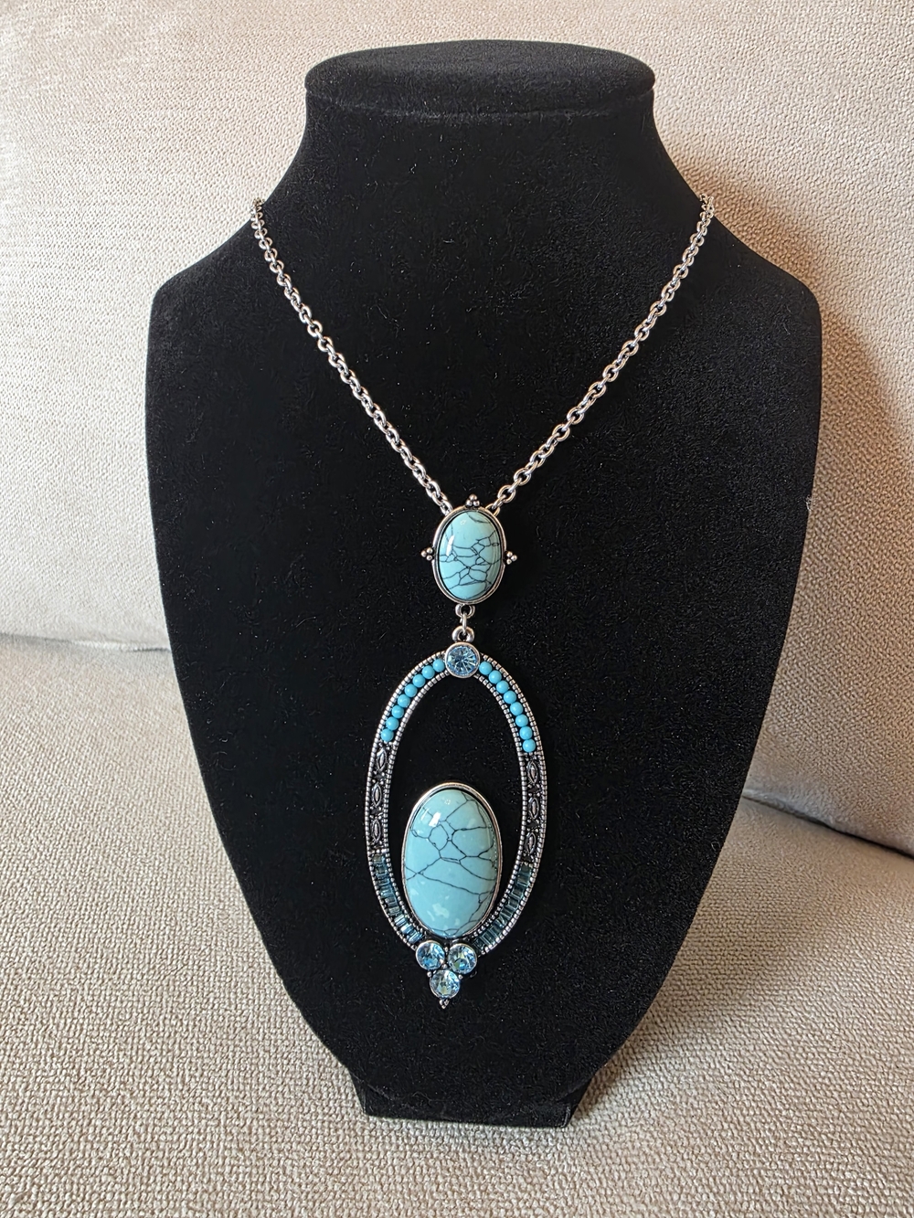 Long - Turquoise Statement Necklace Long Pendant Silver Tone Boho Western